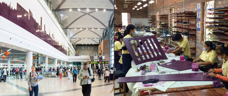 Artisans d’Angkor recently committed 81 artisans and 25,900 hours of manpower to design and install this lacquered landscape of the capital’s skyline in the International Departures terminal of Phnom Penh International Airport  © Right: Courtesy Artisans 