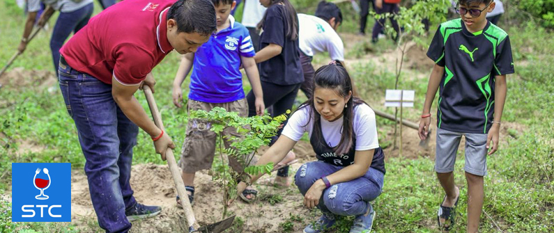 Volunteers help plant a sapling during a green event at Angkor Wat last month